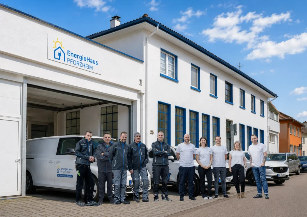 Team von EnergieHaus Pforzheim vor dem Firmenstandort in Pforzheim